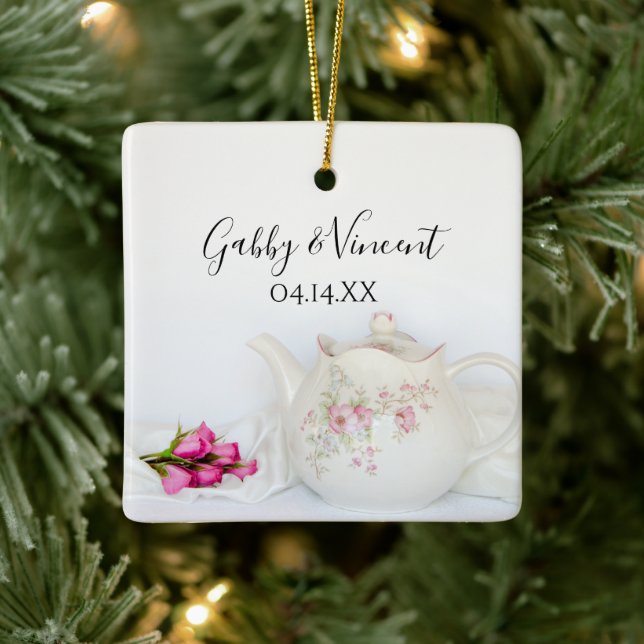 Teapot and Pink Roses Wedding Ceramic Ornament (Tree)