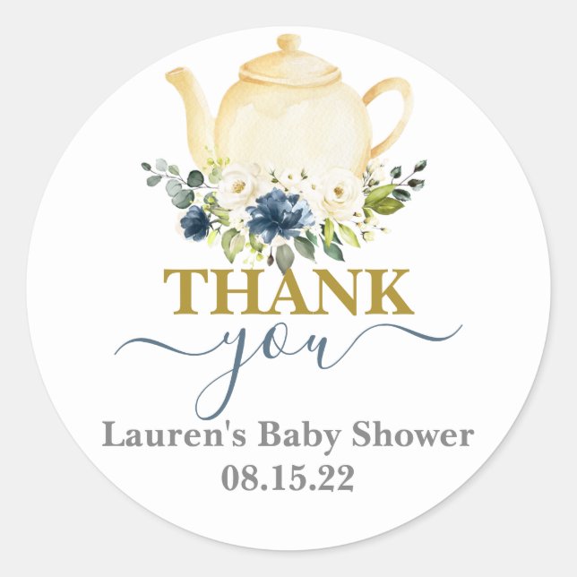 Teapot Baby Shower Boy Classic Round Sticker (Front)