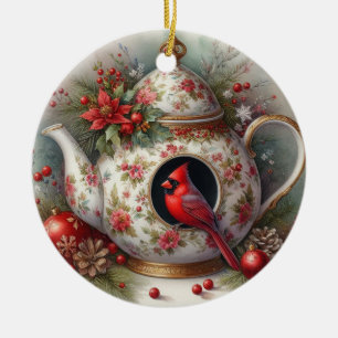 Teapot Birdhouse Cardinal 5 Ceramic Tree Decoration