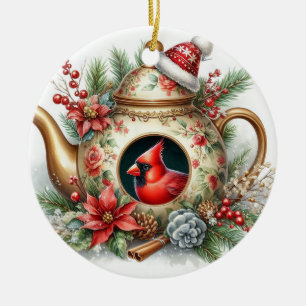 Teapot Birdhouse Cardinal 6 Ceramic Tree Decoration