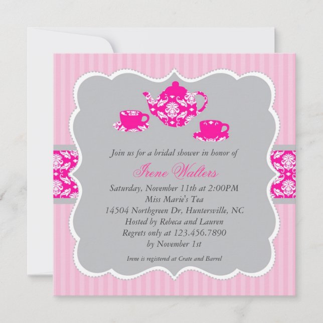Teapot Bridal Shower (Pink/Grey) Invitation (Front)