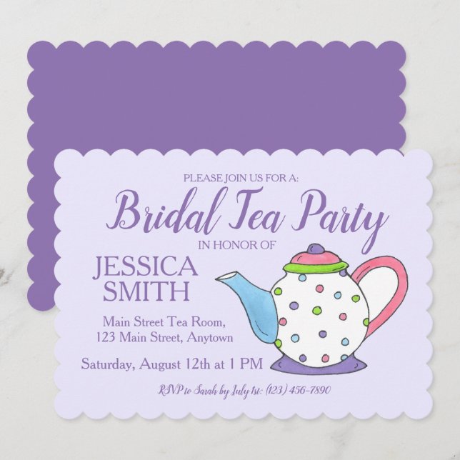 Teapot Bridal Wedding Shower Purple Tea Party Invitation (Front/Back)