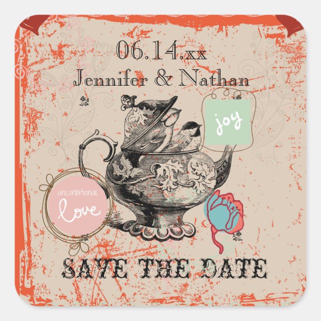 Teapot Fantasy Grunge Save the Date Stickers (Front)