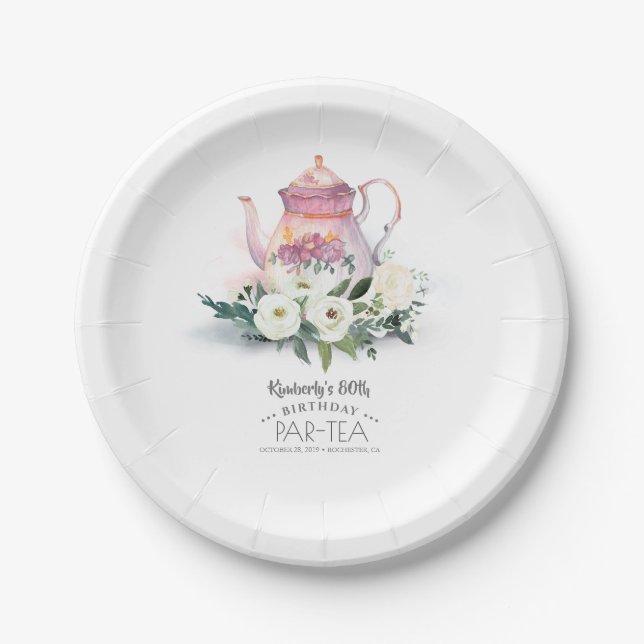 Teapot Floral Birthday Par-Tea Paper Plate (Front)
