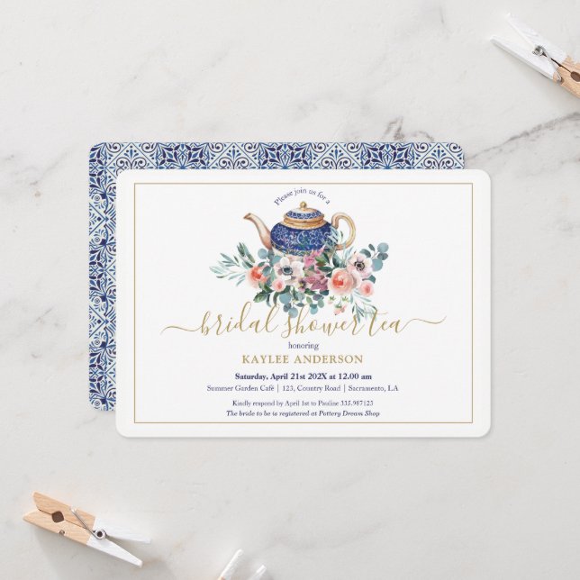 Teapot floral Bridal Shower tea invitation card (Front/Back In Situ)