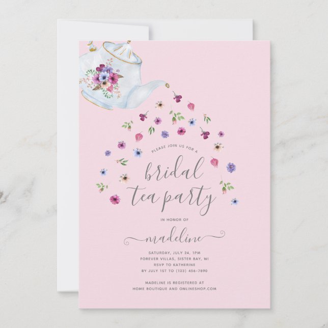 Teapot Floral Bridal Shower Tea Party Invitation (Front)