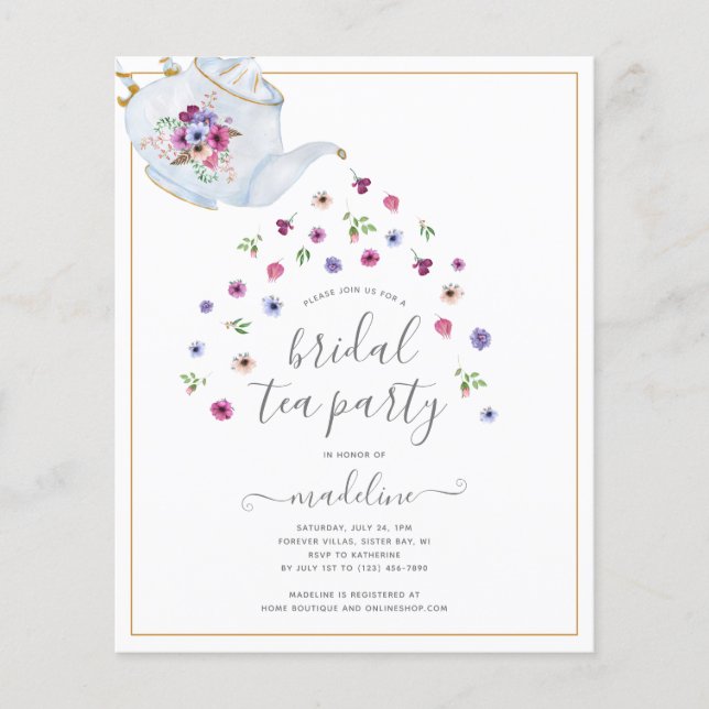 Teapot Floral Bridal Shower Tea Party Invitation Flyer (Front)