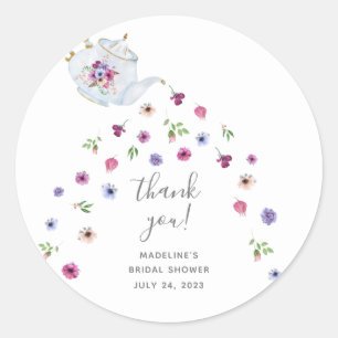 Teapot Floral Bridal Shower Tea Party Thank You Classic Round Sticker