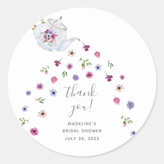 Teapot Floral Bridal Shower Tea Party Thank You Classic Round Sticker (Front)