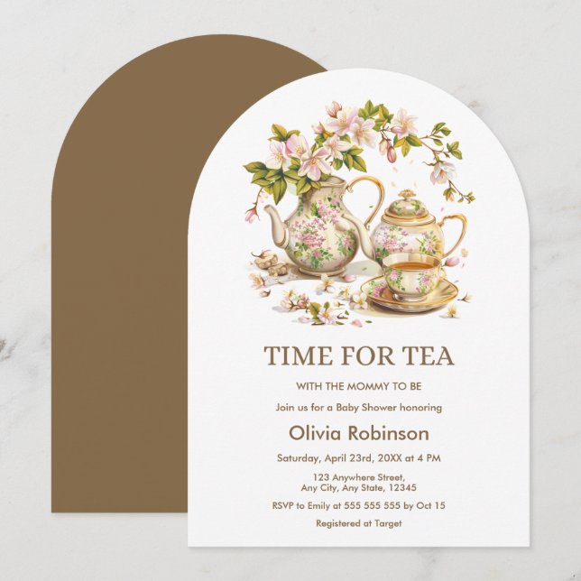 Teapot Floral Time for Tea Baby Shower  Invitation (Front/Back)
