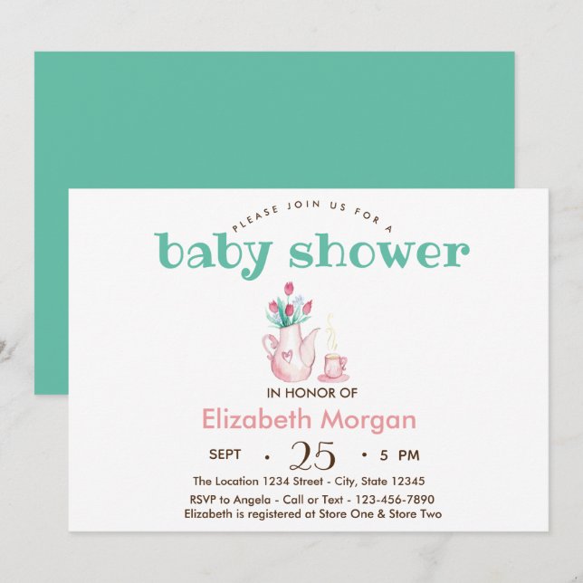  Teapot Flowers Baby Shower Invitation (Front/Back)