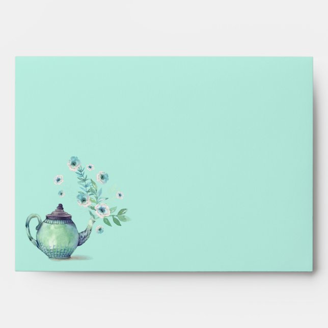 Teapot Flowers Mint Green Turquoise Envelopes (Front)