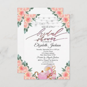Teapot Macaron String Lights Roses Bridal Shower Invitation