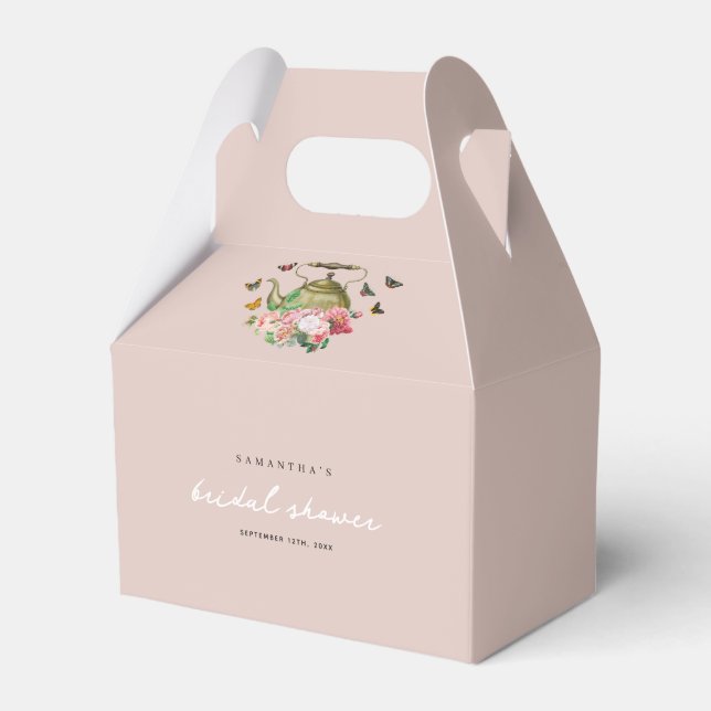 Teapot Party Pink Floral Butterflies Bridal Shower Favour Box (Front Side)