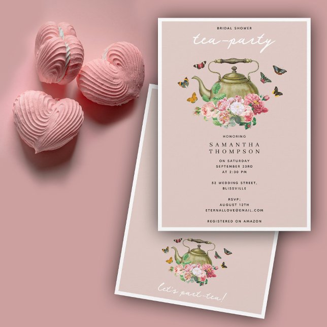 Teapot Party Pink Floral Butterflies Bridal Shower Invitation (Teapot Party Pink Floral Butterflies Bridal Shower Invitation)