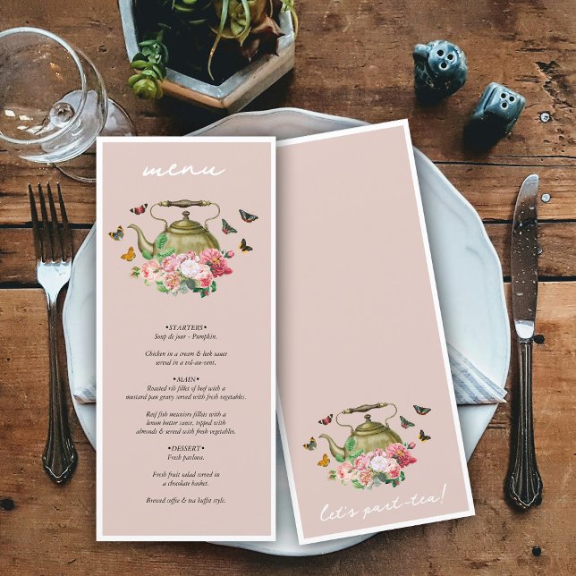 Teapot Party Pink Floral Butterflies Bridal Shower Menu (Teapot Party Pink Floral Butterflies Bridal Shower Menu)