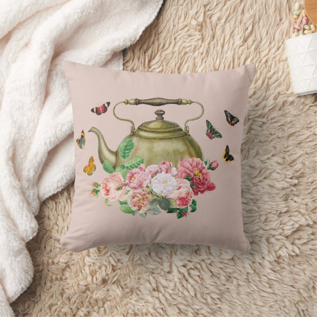 Teapot Party Pink Floral & Butterflies Kettle Cushion (Blanket)