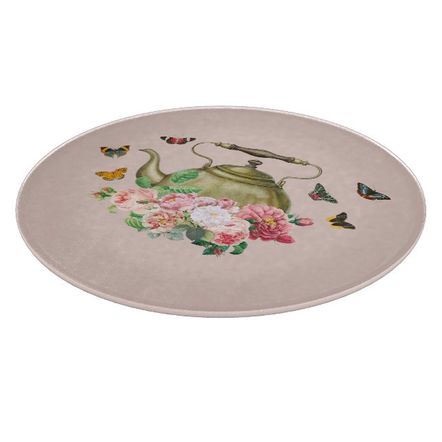 Teapot Party Pink Floral & Butterflies Kettle Cutting Board (Corner)