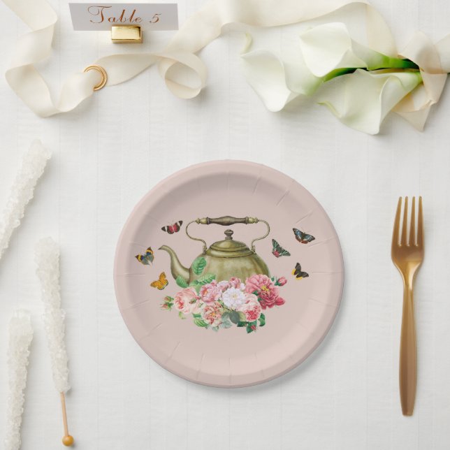 Teapot Party Pink Floral & Butterflies Kettle Paper Plate (Wedding)