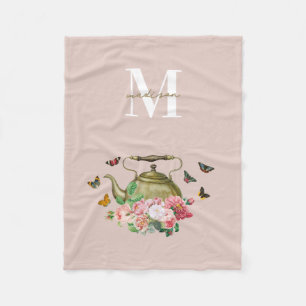 Teapot Party Pink Floral & Butterflies Monogram Fleece Blanket
