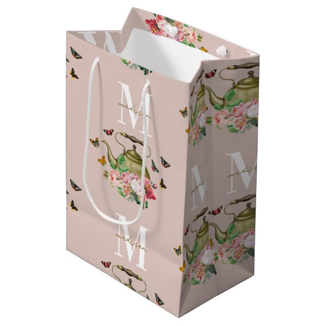 Teapot Party Pink Floral & Butterflies Monogram Medium Gift Bag (Front Angled)