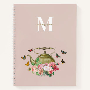 Teapot Party Pink Floral & Butterflies Monogram Notebook