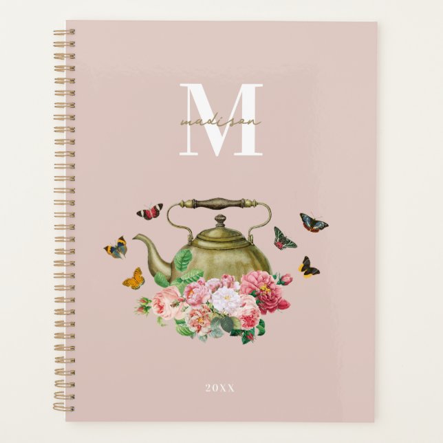 Teapot Party Pink Floral & Butterflies Monogram Planner (Front)