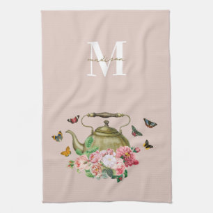Teapot Party Pink Floral & Butterflies Monogram Tea Towel