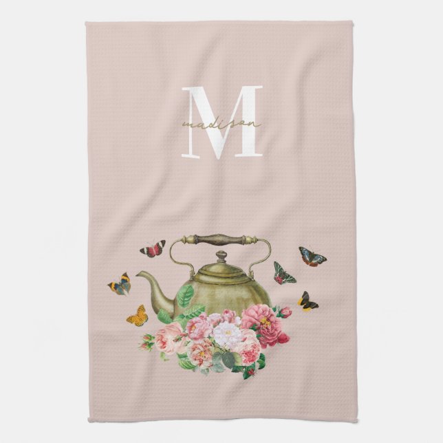 Teapot Party Pink Floral & Butterflies Monogram Tea Towel (Vertical)