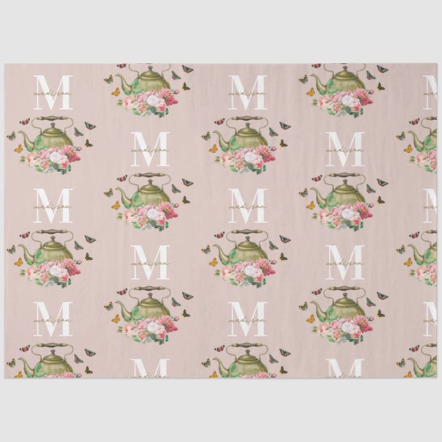 Teapot Party Pink Floral & Butterflies Monogram Tissue Paper (Front)