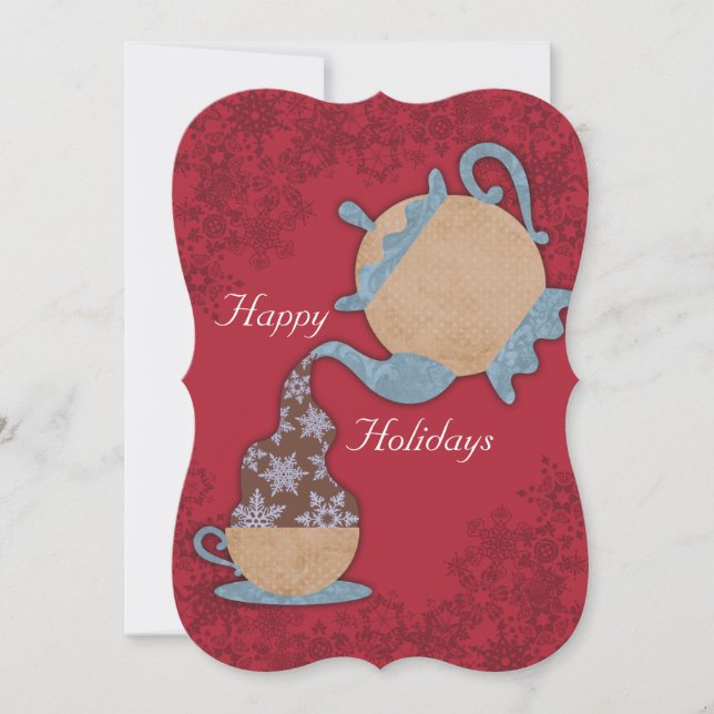 Teapot pouring snowflakes in tea cup Christmas Holiday Card (Front)