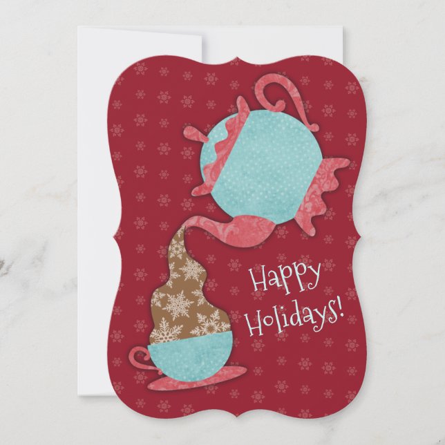 Teapot pouring snowflakes in tea cup Christmas Holiday Card (Front)