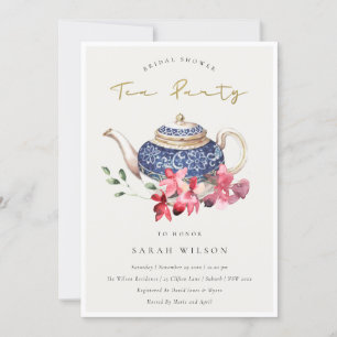 Teapot Red Floral Bridal Shower Tea Party Invite