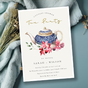 Teapot Red Floral Couples Shower Tea Party Invite
