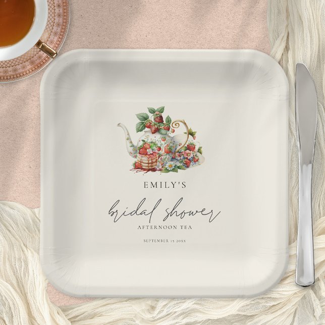 Teapot Strawberries Afternoon Tea Bridal Shower Paper Plate (Creator Uploaded)