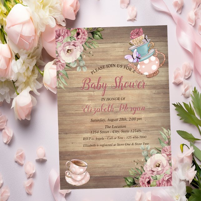Teapot Tea cup Floral Wood Baby Shower   Invitation (Creator Uploaded)