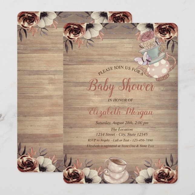 Teapot Tea cup Flowers Wood Baby Shower  Invitation (Front/Back)