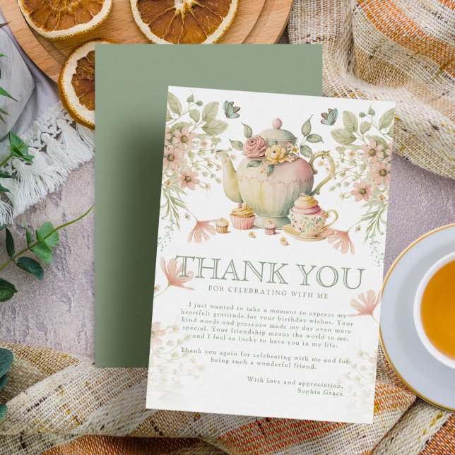 Teapot & Tea Cups Whimsical Wildflowers Birthday Thank You Card (Creator Uploaded)