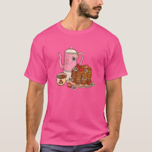 Teapot Teacup Strawberries And Flowers On Waffles T-Shirt