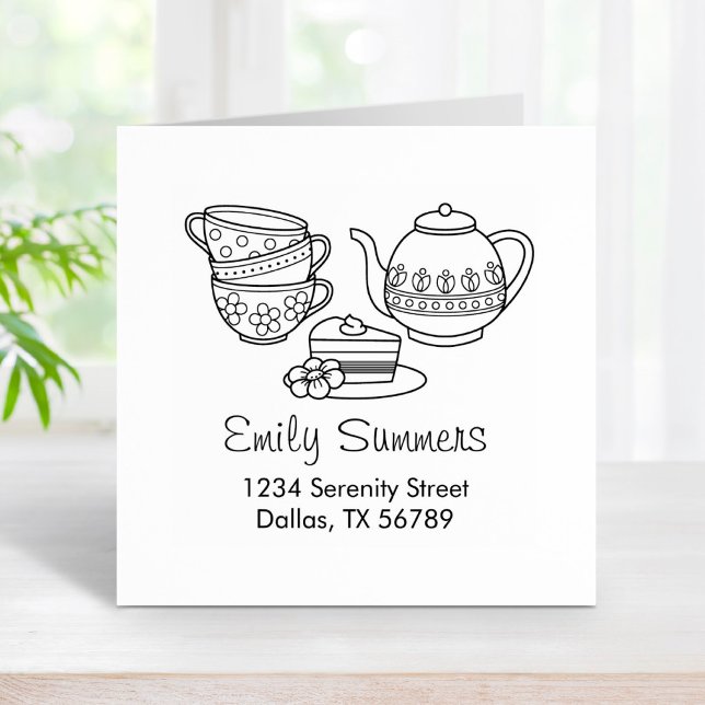 Teapot, Teacups, and Cake Address Rubber Stamp (Creator Uploaded)