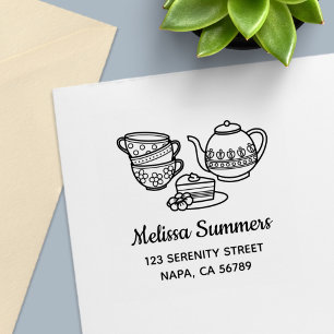 Teapot, Teacups, and Cake Address Self-inking Stamp