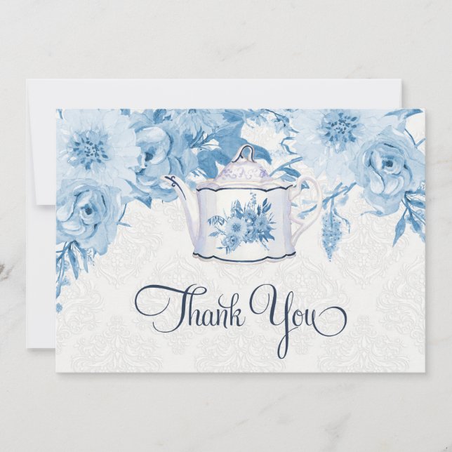Teapot Thank You Note Dusty Blue n White Floral (Front)
