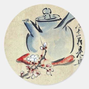 Teapot with cherry or plum blossoms Ukiyoe Classic Round Sticker