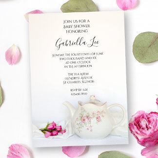 Teapot with Pink Roses Baby Shower Invitation
