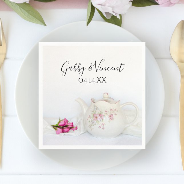Teapot with Pink Roses Wedding Napkin (Creator Uploaded)