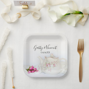 Teapot with Pink Roses Wedding Paper Plate