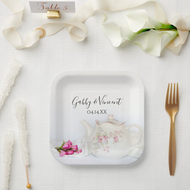 Teapot with Pink Roses Wedding Paper Plate (Wedding)