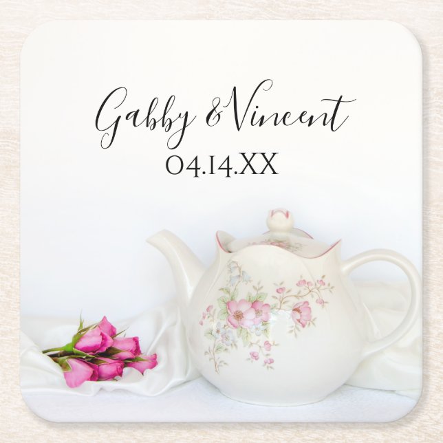 Teapot with Pink Roses Wedding Square Paper Coaster (Front)