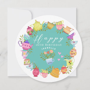 Teapots and Cups Aqua Birthday Holiday Card