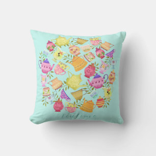 Teapots and Cups Aqua Cushion